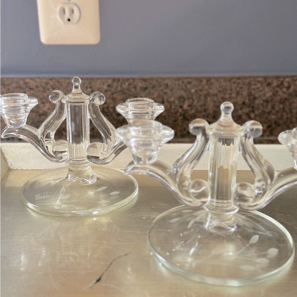 COPY - Candlesticks Rare Pair Crystal Etched Glass Harp Lyre Candelabra Very Ea…